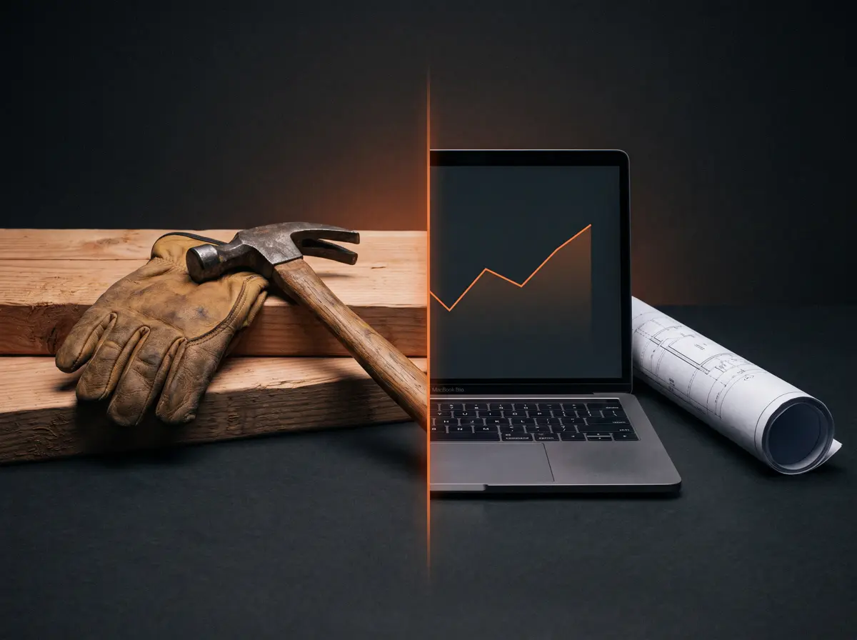 A worn work glove and framing hammer resting on lumber beside an open laptop showing a growth chart, symbolizing the shift from job site to digital marketing.